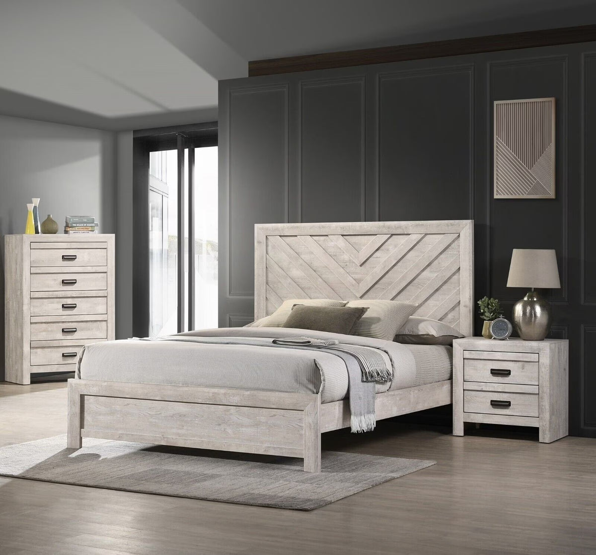 3pc Rustic Beige Gray Finish Bedroom Furniture Queen Size Bed Nightstand Chest Set - Product image 1