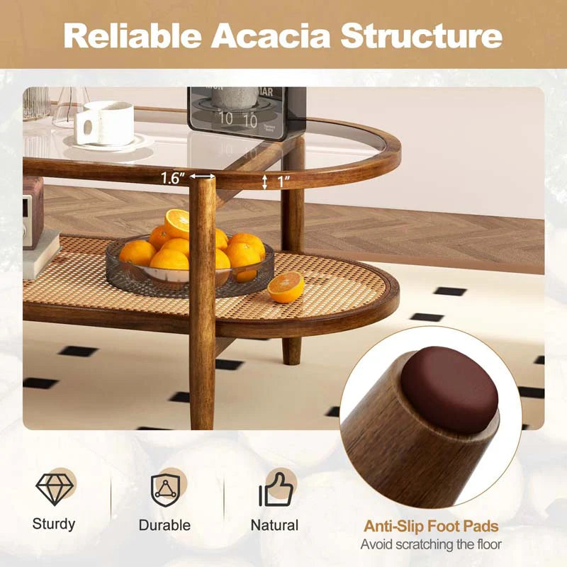 2-Tier Oval Boho Coffee Table with Tempered Glass Top, Rattan Shelf & Acacia Wood Frame - Product image 5