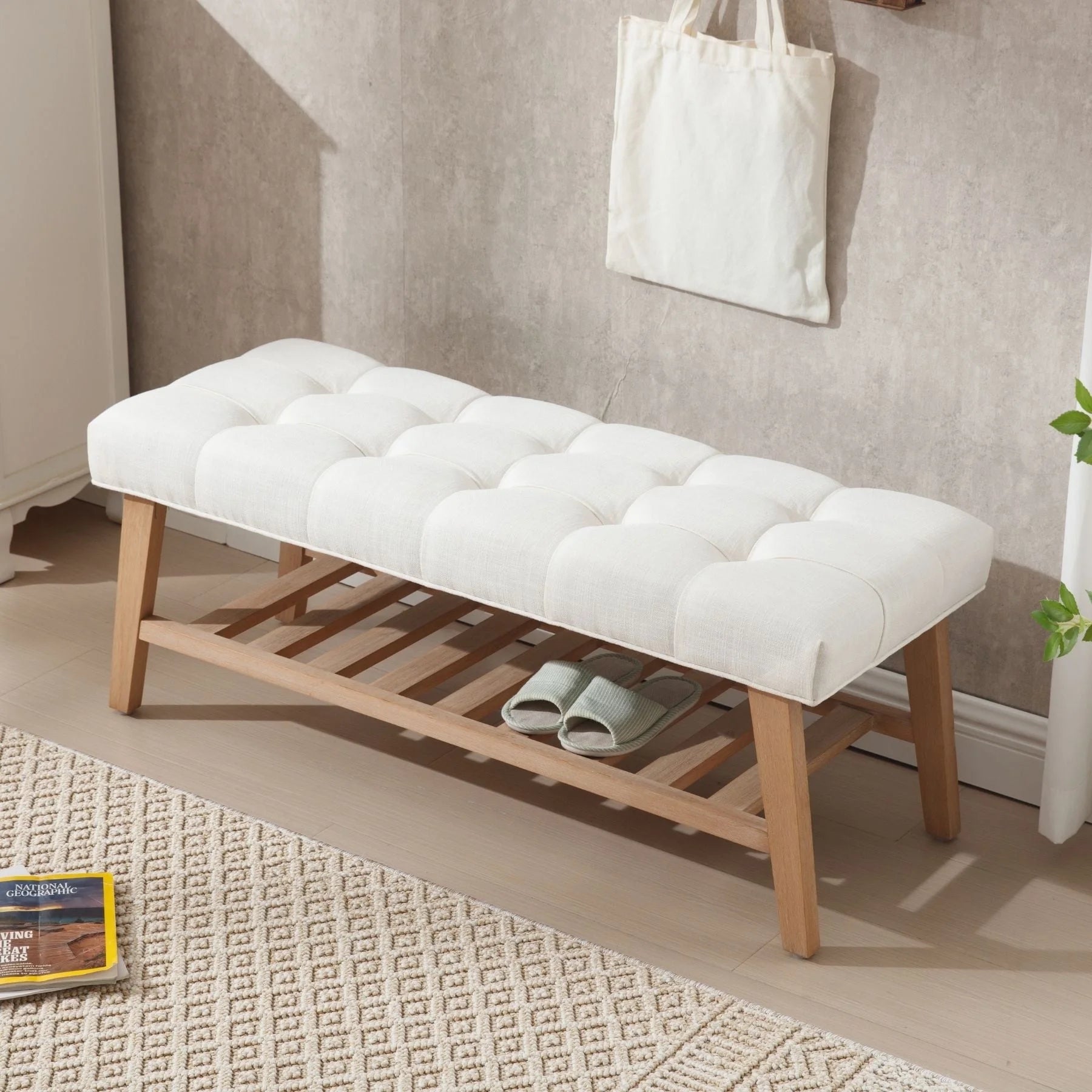 Dayalane Upholstered Storage Bench with Shoe Rack, Linen Fabric Entryway Bench for Living Room - Product image 13