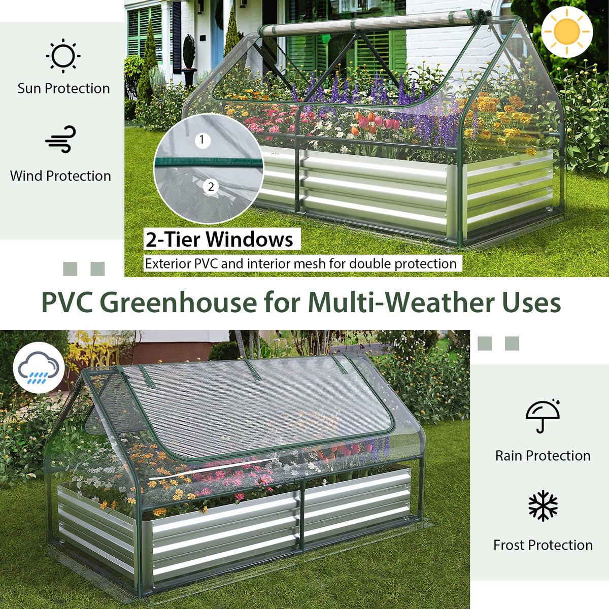 6FT x 3FT x 3FT Galvanized Bottomless Raised Garden Bed with Greenhouse, Dual 2-Tier Roll-Up Windows - Product image 5
