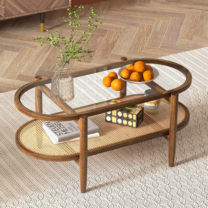 2-Tier Oval Boho Coffee Table with Tempered Glass Top, Rattan Shelf & Acacia Wood Frame