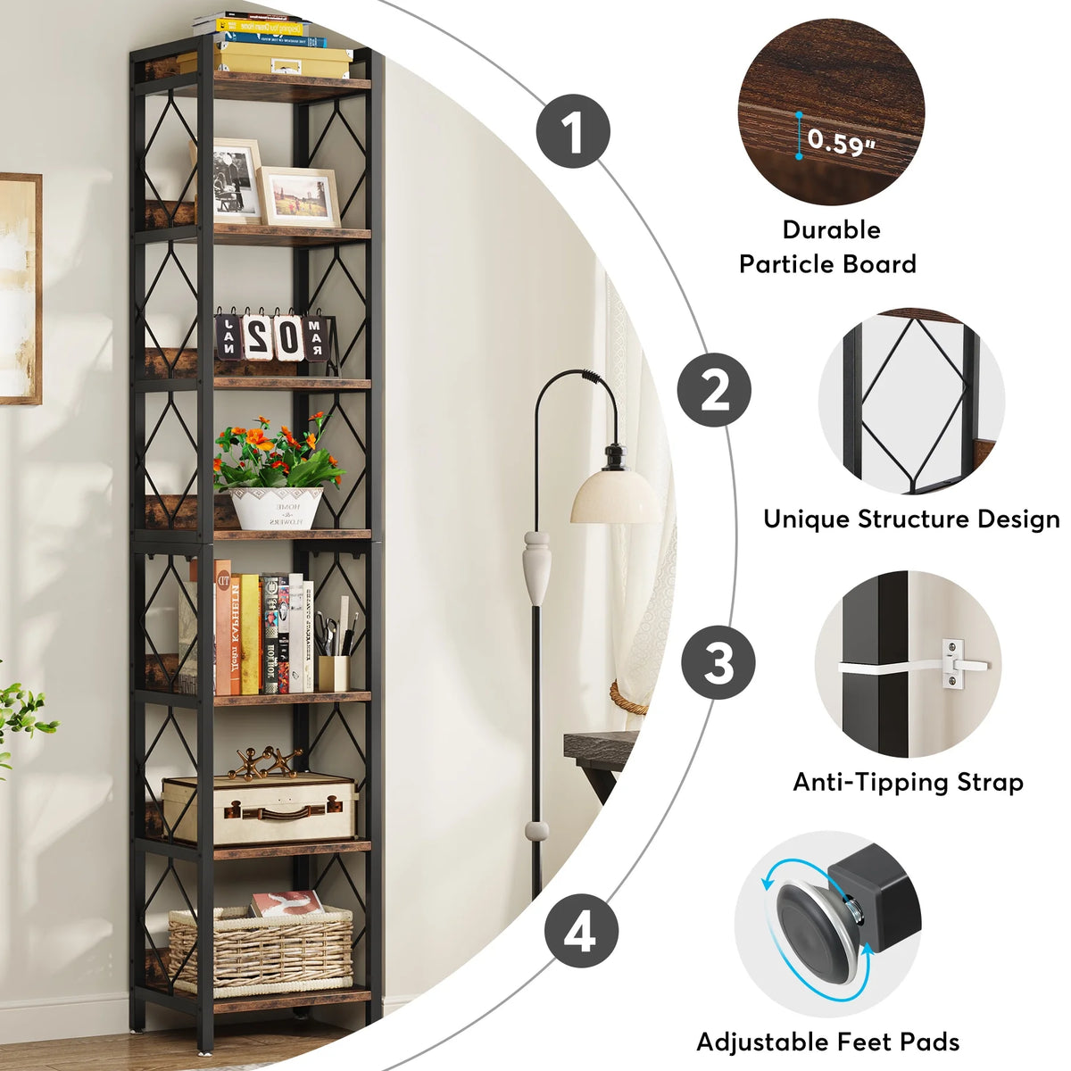 Tribesigns 78.7 in Tall Narrow Bookshelf, Freestanding 7 - Tier Bookcase - Product image 4