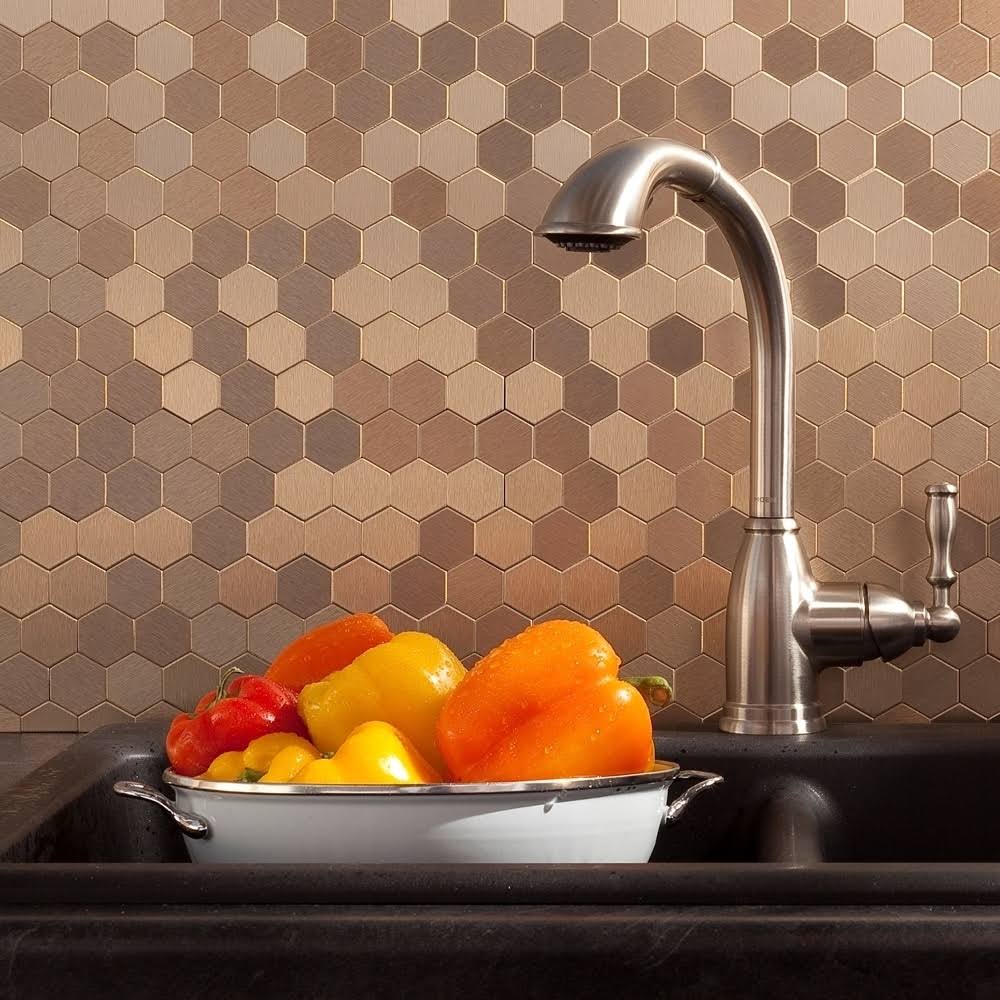Aspect Peel and Stick Backsplash 11in x 4in Honeycomb Champagne Matted Metal Tile for Kitchen Bathrooms - Product image 1