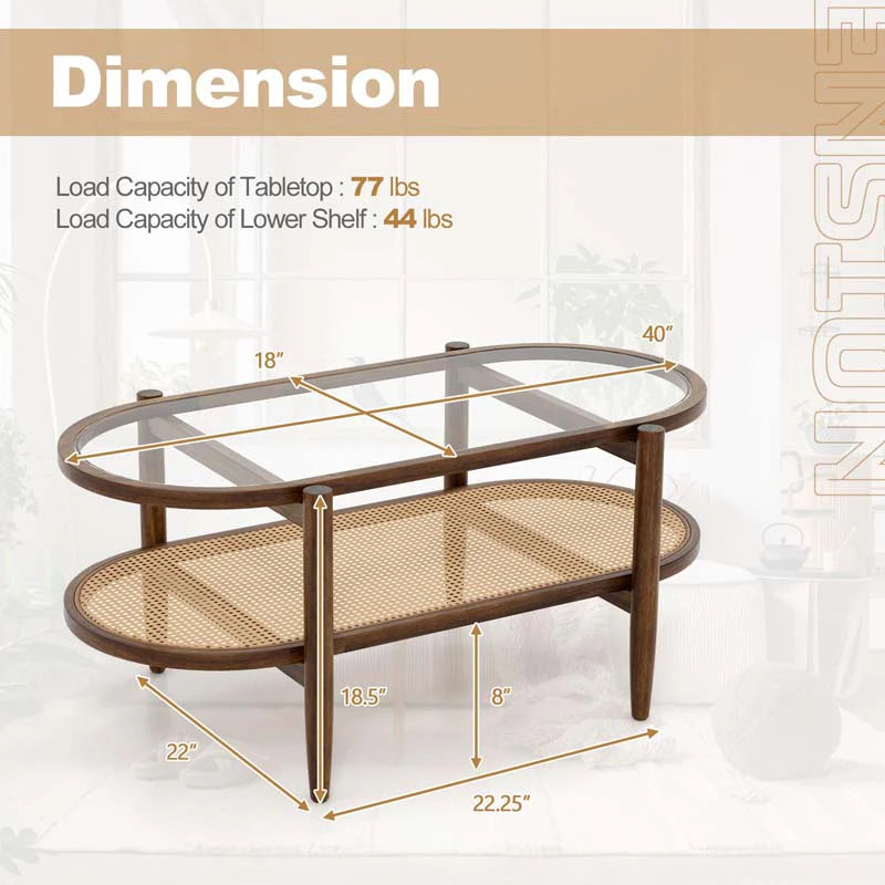 2-Tier Oval Boho Coffee Table with Tempered Glass Top, Rattan Shelf & Acacia Wood Frame - Product image 9