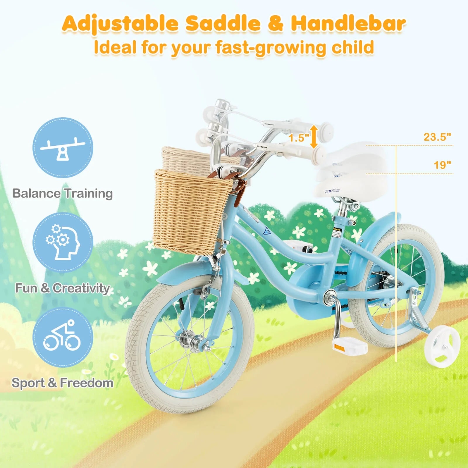 Prorider 16" Kid'S Bike with Training Wheels Adjustable Handlebar Seat Handbrake Pink - Product image 24