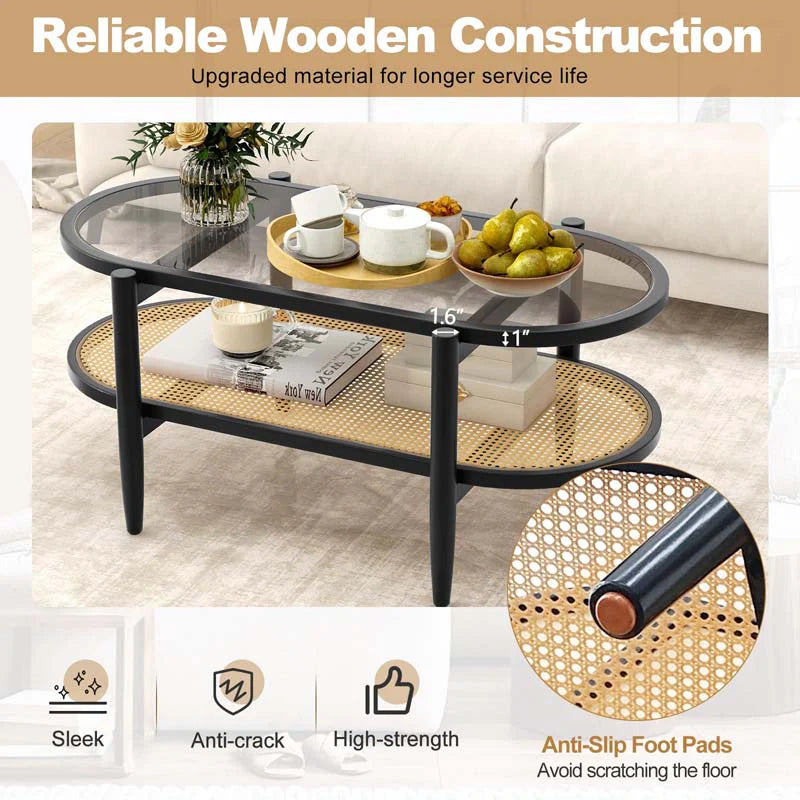 2-Tier Oval Boho Coffee Table with Tempered Glass Top, Rattan Shelf & Acacia Wood Frame - Product image 15